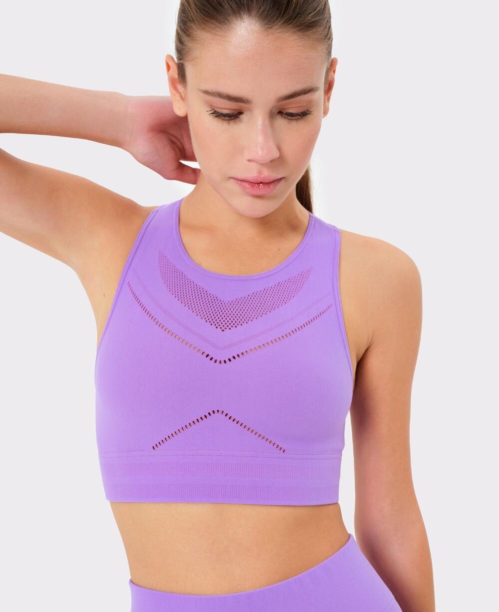 Alo Yoga Lark Crop Top Lilac Purple Laser Cut Mesh Seamless Sports Bra Tank S-M